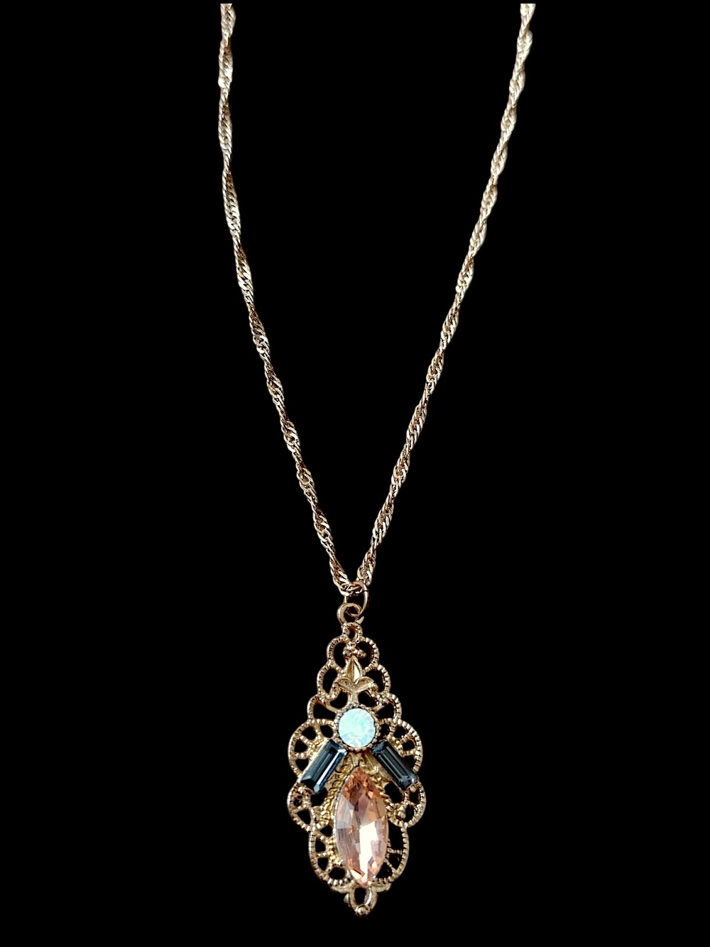 Gold-Tone Filigree Pendant Necklace with Champagne and Opal-Like Stones